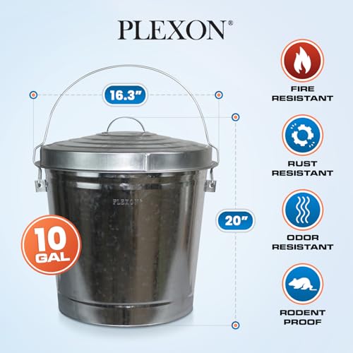 Image of Plexon 10 Gallon Trash Can with Locking Lid Galvanized Metal Bucket for Poultry Feed Bird Seed Storage Ash Outside Garbage Can with Lid, 3 Pack