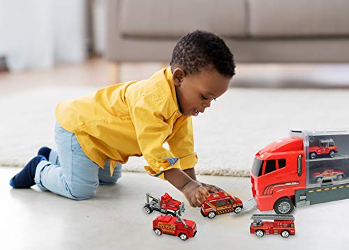 Smart Novelty Die Cast Emergency Trucks Vehicles Toy Cars Play Set in Carrier Truck - 7 in 1 Transport Truck Emergency Car Set for Kids Gifts (Fire Vehicle Set) - Thumbnail 6