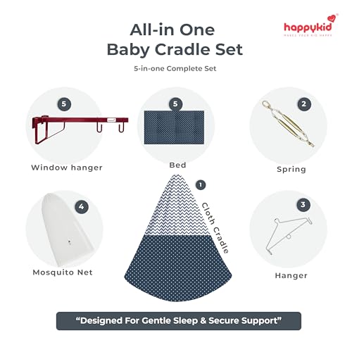 Image of Happykid Baby Cradle Set | Durable Cotton Cloth, Mosquito Net, Spring, Triangle and Window Hanger Jhoola, Thottil (Navy, with Bed)