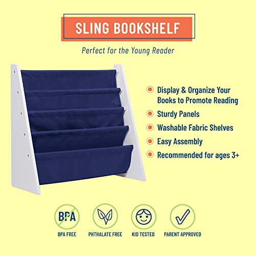 Wildkin Kids Canvas Sling Bookshelf For Boys And Girls, Wooden Design Features Four Fabric Shelves, Keep Bedrooms, Playrooms, And Classrooms Organized, Measures 25 X 24 X 11 Inches (White W/ Blue) #TOP2