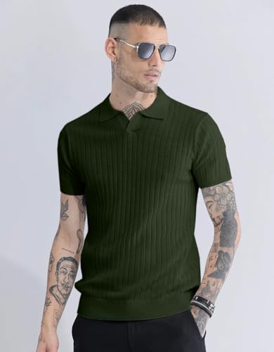 Image of Veirdo Men's Casual Ribbed Polo Collar Knit T-Shirt | Regular Fit Half Sleeve Polo for Men | Flat Knit Textured T-Shirt Perfect for Office, Party, Travel