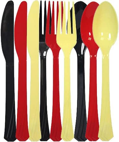 Tiger Chef 504-Pack Ninjago Plastic Cutlery Set Heavy Duty Colored Plastic Silverware Set includes 168 Forks, 168 Teaspoons, and 168 Knives in Yellow, Red and Black Ninjago Party Supplies