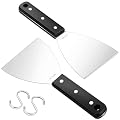 Griddle Scraper Set of 2, Leonyo 18/10 Stainless Steel Flat Top Grill Scraper for Cooking, Mirror Polished Metal Food Scraper Tool for Outdoor Teppanyaki BBQ, Dough Pancake, Dishwasher Safe