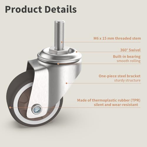 1.25" Small Threaded Stem Casters, M6 Swivel Furniture Wheels, TPR Silent, Mounting for Storage Cart, Shelving Unit, Coffee Table, 4 Pcs