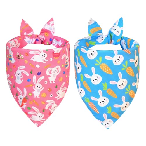 WoffBow Easter Dog Bandanas 2-Pack for Small to Medium Dogs - Reversible Bunny & Carrot Pastel Plaid Scarf Pink & Blue Pet Accessories for Spring Gift