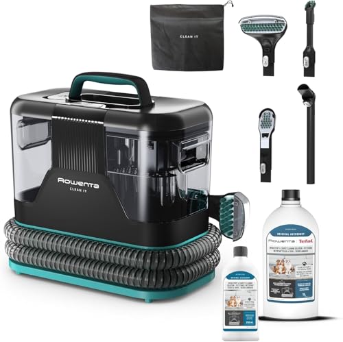 Rowenta Clean It, Aspirador de tapicerías + 2 botellas de solución de limpieza para mascotas (250ml + 1L), Limpieza rápida de derrames y manchas, Suciedad de Mascotas, Potencia de 750W, IN5020F0MAN