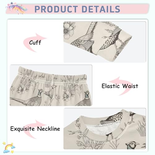 Pajama Sets Long Sleeve Birds Flowers and Grass Pattern Soft Comfy Sleepwear 2 Piece PJS 3-8T4