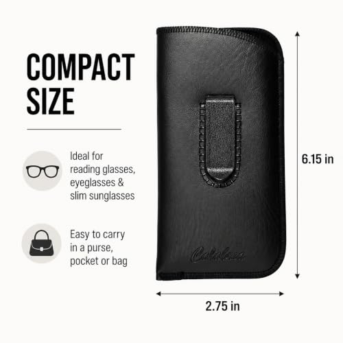 Image of Calabria Slim Eyeglass Case with Felt Lining -Black W /Clip PU Leather | Soft Slip-In Glasses Sleeve | Pocket Clip Option | Protective Slim Eye Glasses Case Soft Pouch