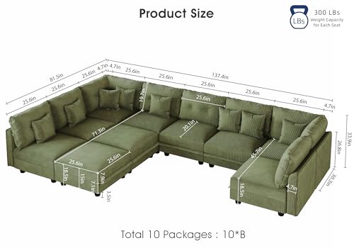 Image of LLappuil 10 Seater Sectional Sofa with Storage, Corduroy Modular U Shaped Couch with 10 Throw Pillows, Pet-Friendly Sofas for Living Room & Large Space, Reconfigurable, Green
