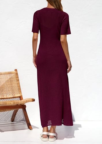 Image of PRETTYGARDEN Womens Eyelet Crochet Maxi 2 Piece Dress Sets | Knit Mesh Layered Two-Piece Dress, Short Sleeve Crew Neck Cover Up With Slip, Summer Resort Vacation Beach Hollow Out Dresses