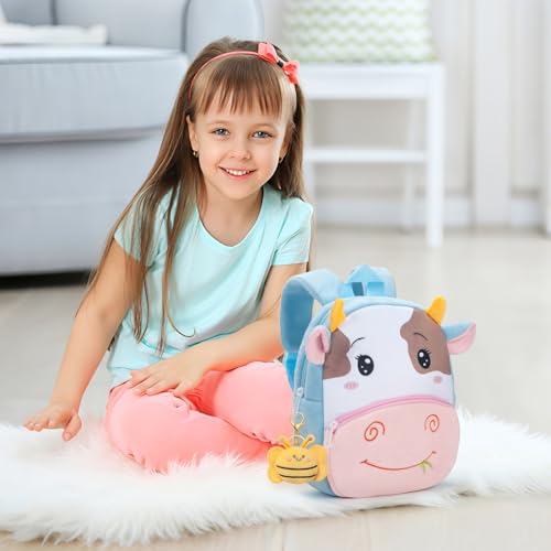 Toddler Backpack for Boys Girls - Plush Animal Cartoon Backpack for Kids 2-6 Years - Toddler Bookbag with Bee Keychain (Cow)2