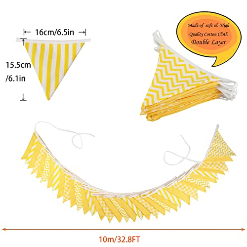 Image of Zwiebeco 32Ft Yellow White Plaid Stripe Wavy Fabric Bunting Banner Triangle Flags Cotton Garland Pennant for Birthday Wedding Baby Shower Tea Party Classroom Nursery Home Outdoor Garden Decorations