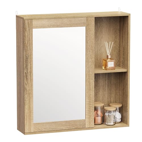 VonHaus Bathroom Mirror Cabinet - Oak Wood Effect Bathroom Cabinet with Mirror - 1 Door Bathroom Storage Unit with Handleless Design & Adjustable Shelf - Wall Storage for Toiletries - Chester