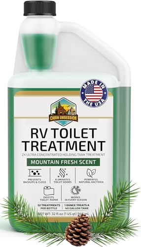 Cabin Obsession RV Toilet Treatment (32 oz) - 2x Ultra Concentrated Liquid RV Black Tank Treatment with Easy Measure Spout Mountain Fresh Scent 32 Treatments