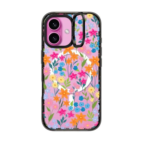 Coque iPhone 16 béquille antichoc compatible Magsafe CASETiFY noir transparent design fleuri - 2