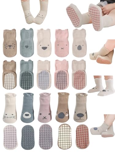 Toddler Non-Skid Socks with Grips Baby Girls Boys Anti-Slip Crew Cartoon Socks for Infants 10 Pairs