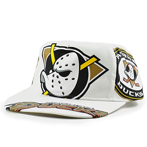 Anaheim Ducks New Mitchell & Ness Mighty NHL Vintage in Your Face Deadstock White Black Orange Era Snapback Hat Cap