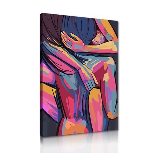 Yeesjoee Abstract Nude Couple Canvas Wall Art Printing, Sexy Intimate Adults Sex Picture Colorful Lovers Body Painting Modern Home Sensual Posters Decor for Bedroom Bar Easy to Hang, 12x16 in Framed