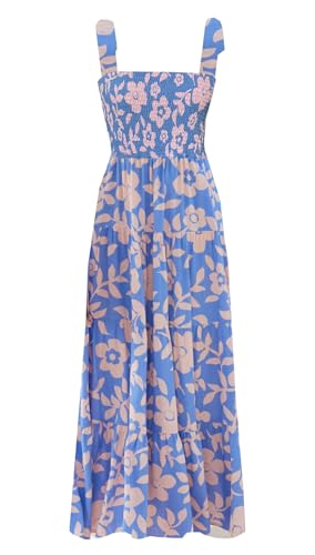 Image of kinstell Women's Summer Boho Spaghetti Strap Square Neck Ruffle Casual Flowy Long Dress Beach Swing Party Maxi Dress