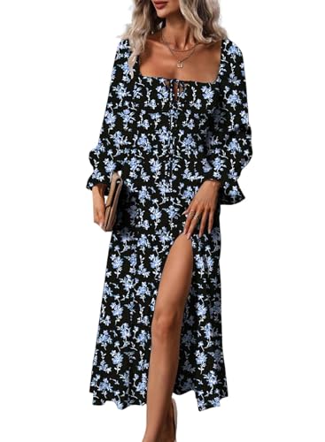 BLENCOT Womenss Casual Boho Floral Print Flowy Tie Front Midi Dresses Square Neck Long Sleeve Split Dress P220 XL