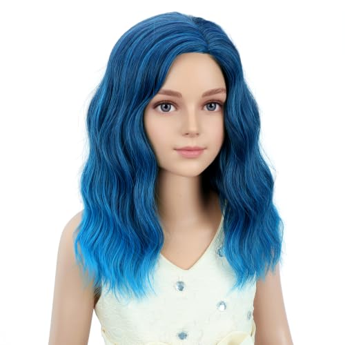 Image of PATTNIUM Blue Short Curly Wavy Wigs for Kids Girls Mixed Blue Side Part Shoulder Length Heat Resistant Synthetic Wig Halloween Cosplay Costume Party Wigs