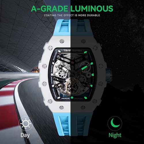 Image of TSAR BOMBA Mens Luxury Watch Automatic Watches for Men 50M Waterproof Japanese Mechanical Movement Tonneau Stainless Steel Case Sapphire Glass Big Face Cool Unique Fashion Gift Men, Blue Ceramic