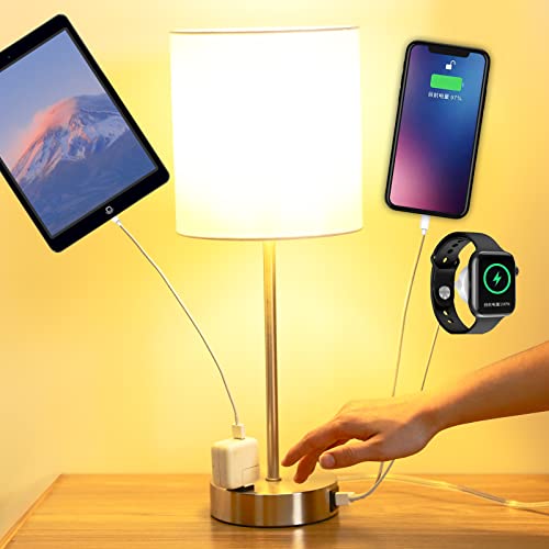 Yameiwan Bedside Lamps Set 2, 3 Way Full Dimming Lamp For Lamps With Usb Ports, Type-C And Ac Outlet, Nightstand Lamp For Bedroom Living Room, (Led Bulb Included) White #TOP1