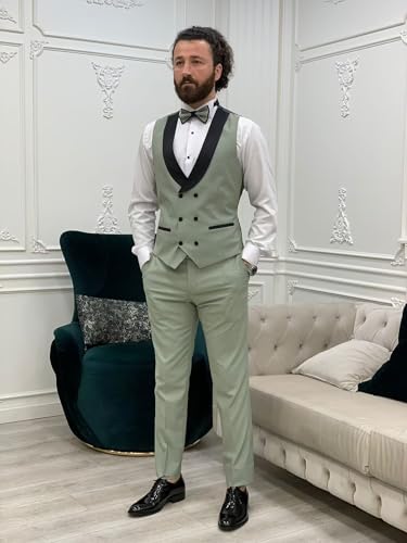 Slim Fit 3 Piece Men's Suits Set V-Neck Double Breasted Vest Formal Wedding Tuxedo Business Solid Blazer Pants3