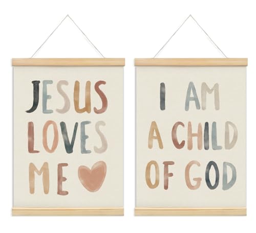 Image of Christian Jesus Nursery Wall Art Decor, Christian Jesus Kids Wall Art Decor, Boho God Decorations For Baby Girls Boys Room Bedroom Bathroom Classroom Church Wood Posters Framed 12X16 In Set Of 2