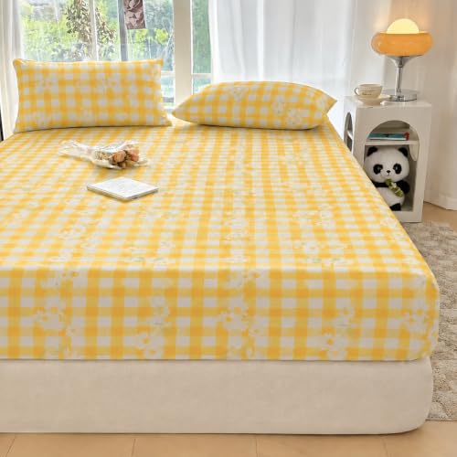 Image of VOMZER King Size (72x78) 300 TC Soft Cotton Feel Microfiber All Around Elastic Fitted Double Bedsheet with 2 Pillow Covers | Yellow Check