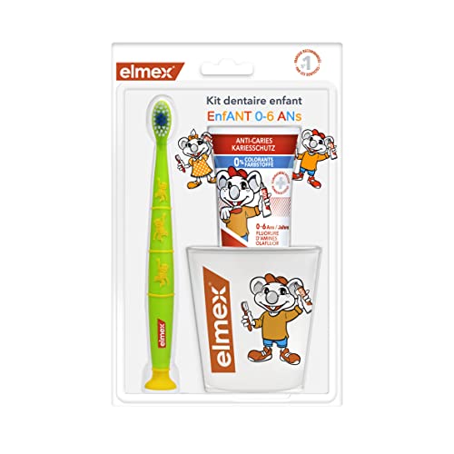 Elmex - Kit Elmex enfant - 1 Brosse à dents enfant + 1 dentifrice enfant 0-6 Ans + 1 Gobelet Brosse à dents Cover