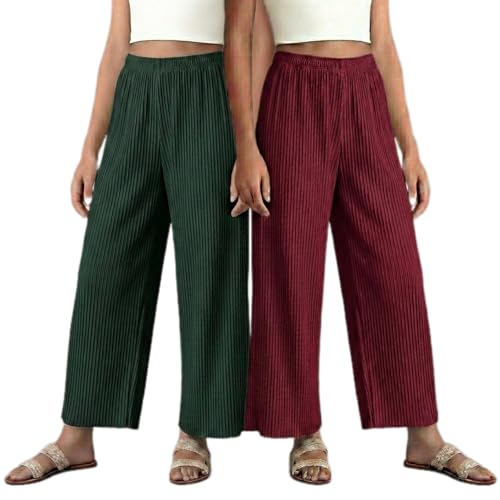Image of Set of Combo Trouser and Pants for Girls and Women's Relaxed Fit Stretchable Regular Fit Palazzos Lightweight Elastic Waistband Bottoms for Daliy Office & Casual Wear