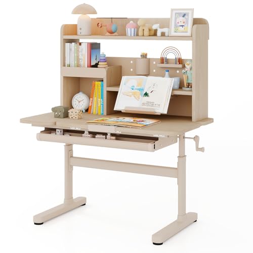 LIFEZEAL Scrivania Bambini 3-12 Anni, Banco Scuola, 100x60cm, Ergonomico, Altezza Regolabile, Piano Inclinabile, con Libreria, Leggio per Libri, Cassetto, Tavolino da Studio, per Cameretta, Giallo