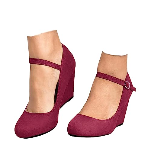 Image of Coutgo Womens Wedge Pumps Dressy Mary Jane Shoes Comfort Wedges Closed Toe Ankle Strap Heeled Shoes