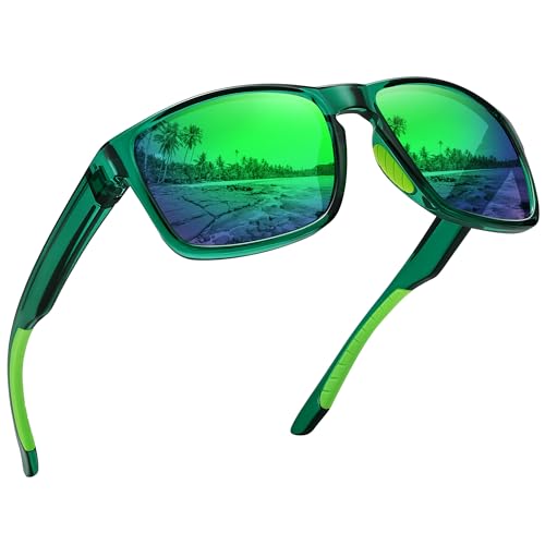 Ofwin Sports Polarized Sunglasses For Men Women Uv Protection Unbreakable Driving Running Fishing Hiking Sun Glasses Clear Green Frame/Green Mirror Lens