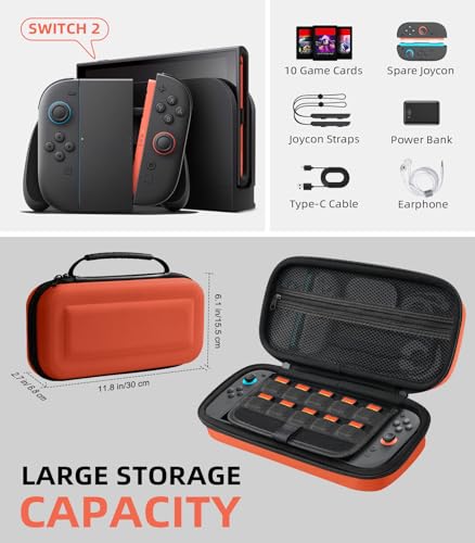 Image of TiMOVO Carrying Case for Nintendo Switch 2 (2025), Orange | Large Capacity, Hard Shell Protective, 10 Game Card Slots, Pockets for Console & Accessories, Portable Travel Pouch