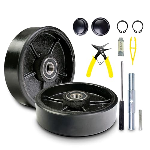 pallet jacktruck steering wheels set with axle fasteners and protective caps 4 pcs 734 x 234 with bearings id 20mm poly tread black