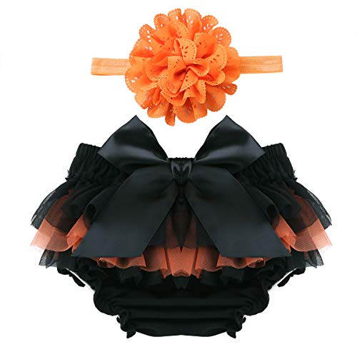 dPois Infant Baby Girls' Bowknot Ruffle Tulle Bloomers Skirts Diaper Cover with Flower Headband 2PCS Photography Prop Set Black&Orange 0-3 Months