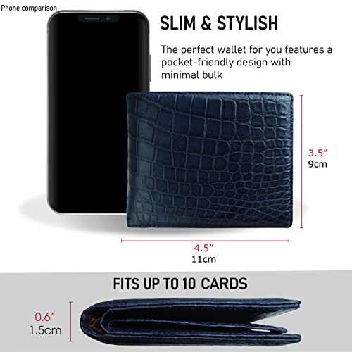 Image of HATA Navy Blue Exotic Bifold Leather Wallet for Men, Double-Side Leather Wallet with RFID Blocking & ID Window Credit Card Holder, Handmade Gift for Birthday, Anniversary, Father's Day VIBE-44