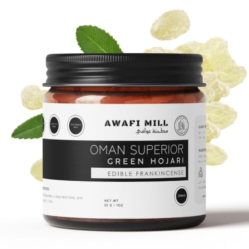 AWAFI MILL Oman Superior Green Hojari (A Grade) Premium Edible Frankincense | Boswellia Sacra Resin from Oman | Natural Chewing Gum with Aromatic Citrus Notes - 28 g | 1 Oz