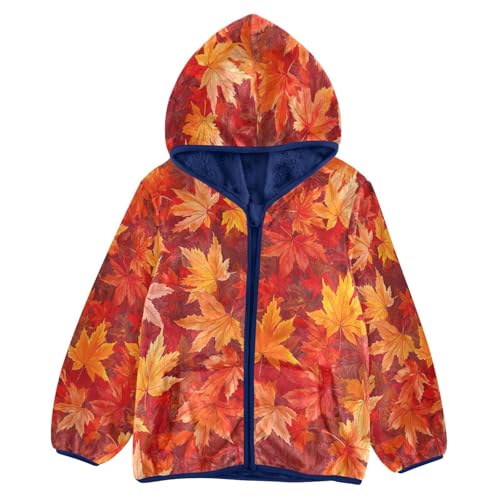 Autumn Leaves Pattern Print Toddler Fleece Jacket Girl Boys Hooded Fleece Jacket Coat Warm Outwear Zip-up 3-10T
