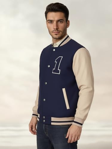 Image of CHKOKKO Men's Regular Varsity Jacket with Snap Button Closure and Patch Design Trendy Comfortable Outerwear for College Travel and Casual Wear