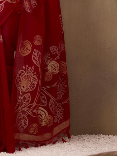 Image of AKHILAM Women's Kanjivaram Pure Silk Floral Printed Saree With Unstitched Blouse Piece