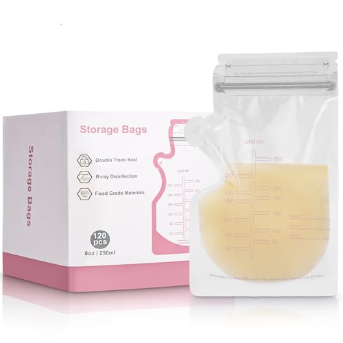 120 bolsas de leche materna, 250 ml sin BPA, bolsas de almacenamiento de leche materna con picos, lactancia, autoportante, preesterilizada, congelada, que ahorra espacio