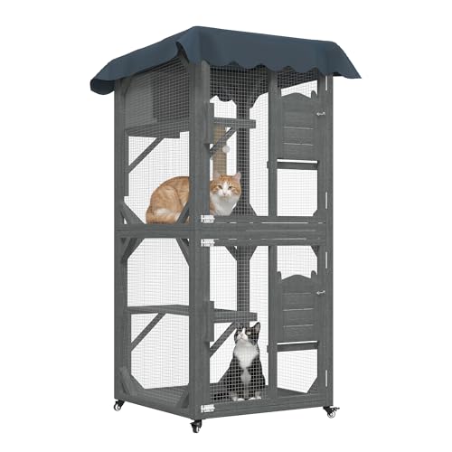MELLCOM Outdoor Cat Enclosure Wooden Catio with Waterproof Roof Cat House Stacked Same-Side Doors Compatible with Wall-Pet Doors Movable 80x80x180cm