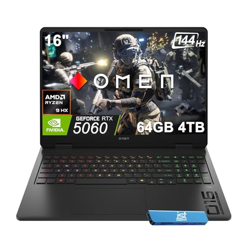 Image of HP OMEN 16 Slim Gaming Laptop (AMD Ryzen 9 8940HX, 64GB DDR5, 4TB SSD, NVIDIA RTX 5060 8GB, 16-core (>Ultra 7-155H)), FHD+ 144Hz Display, 4-Zone RGB Backlit, IR Webcam,IST Dock, Wi-Fi, Win 11 Home