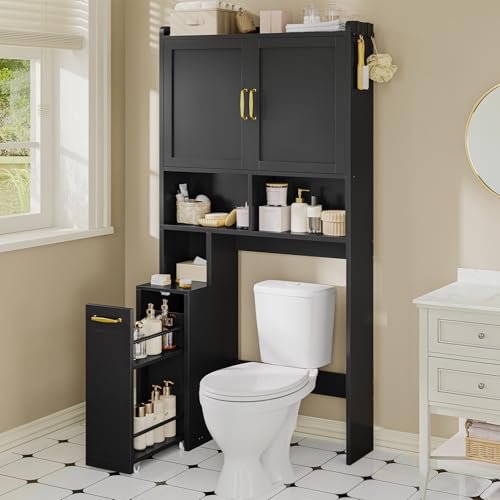 Image of UPOSOJA Over The Toilet Storage Cabinet with Pulley Bathroom Storage Cabinet, Space Saver W /Adjustable Shelf & Open Shelf for Bathroom, Restroom, Laundry (Black)