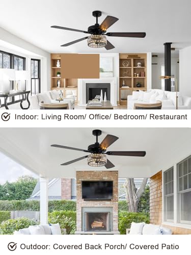Image of 60 Inch Crystal Ceiling Fan with Lights Remote Large Chandelier Ceiling Fan Crystal Caged Fandelier, Indoor Outdoor 5 Dual Blades Reversible Quiet DC Motor 6 Speeds for Living Room Patio