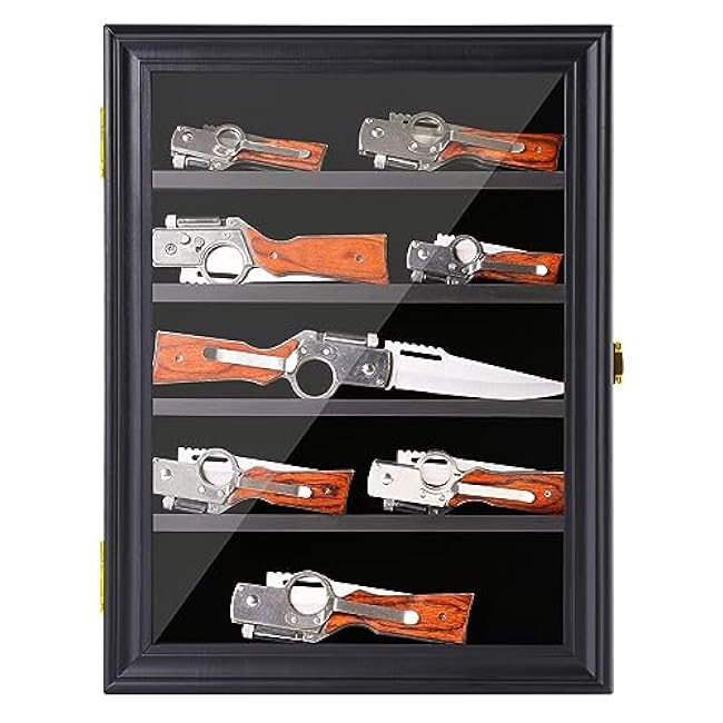Knife Display Case 5 Rows Pocket Knife Display Cases for Collections Stand Military Folding Knife Shadow Box Wall Cabinet with UV Protection Acrylic Lockable, Black