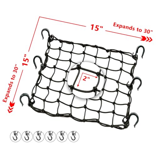 GZXUNFA Small Cargo Net with 6 Thicken Hooks, 15\"x15\" Stretches to 30\"x30\", Helmet Net with 2\"x2\" Small Mesh for Motorcycle, Bike, Surfboard, Canoe, Scooter Accessories (Black)